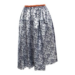 Preen by Thornton Bregazzi Silver and Navy Blue Floral Jacquard Midi Skirt S