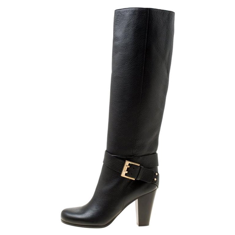Chloe Black Leather Buckle Detail Knee Boots Size 38.5 For Sale at 1stDibs