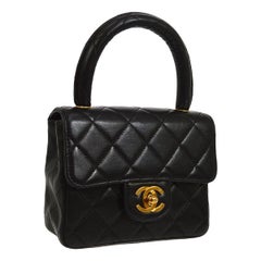 Chanel Black Leather Lambskin Small Party Evening Top Handle Satchel Flap Bag