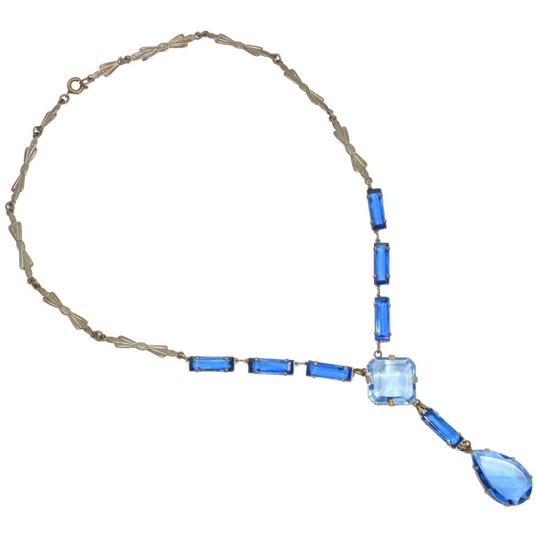 Art Deco Czech Blue Crystal Drop Necklace, 1920s For Sale at 1stDibs