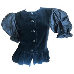 Yves Saint Laurent Rive Gauche 1970's Black Velvet Top w Taffeta Balloon Sleeves