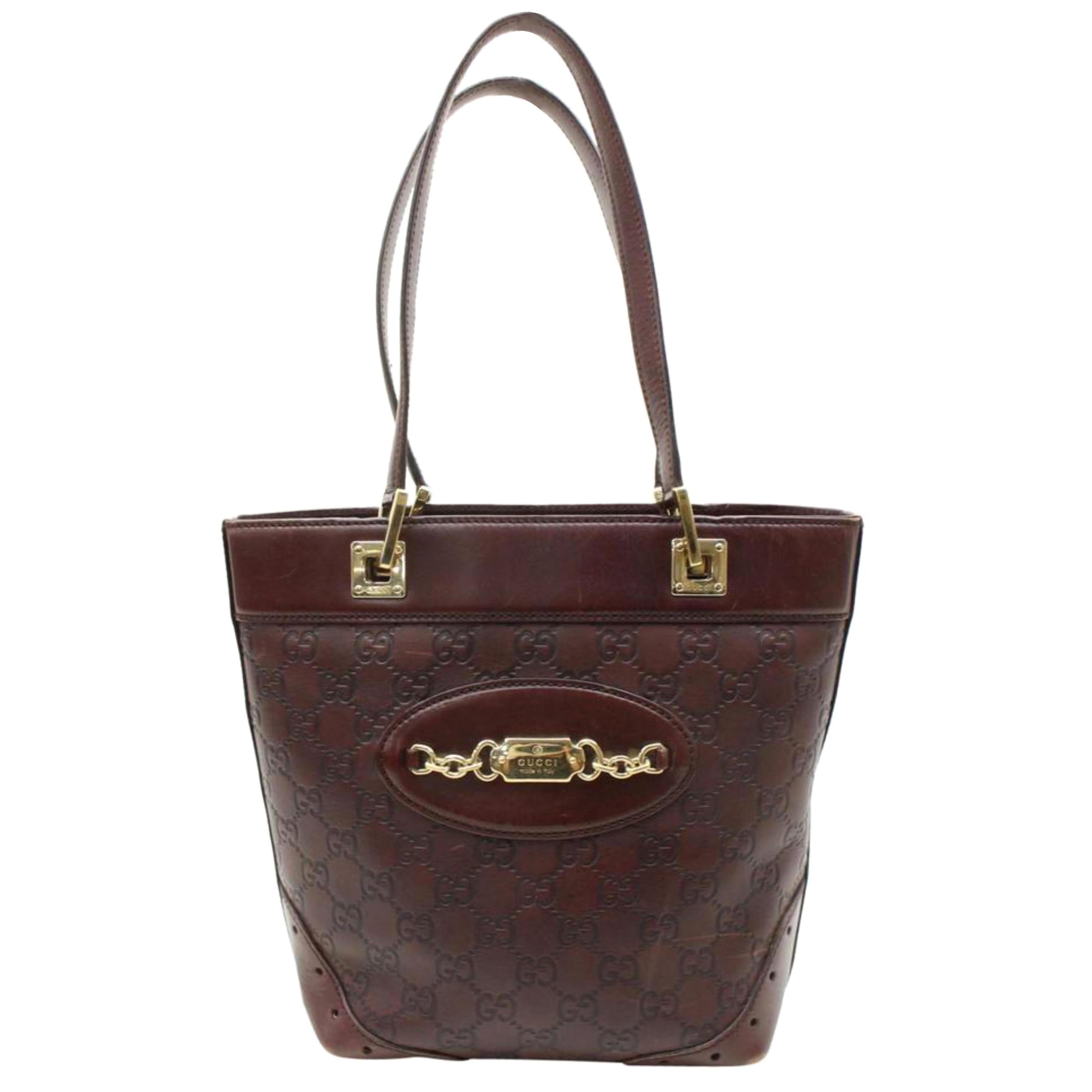 Gucci Guccissima Chain Logo Tote 867462 Brown Leather Shoulder Bag For Sale