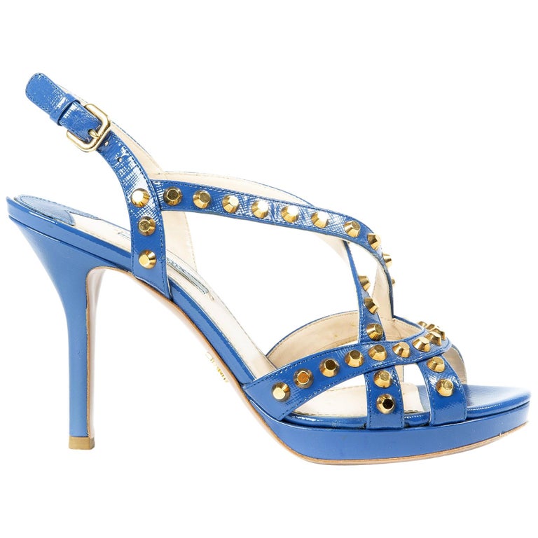 Prada Blue Studded Saffiano Platform Sandals - Size 38 For Sale at 1stDibs