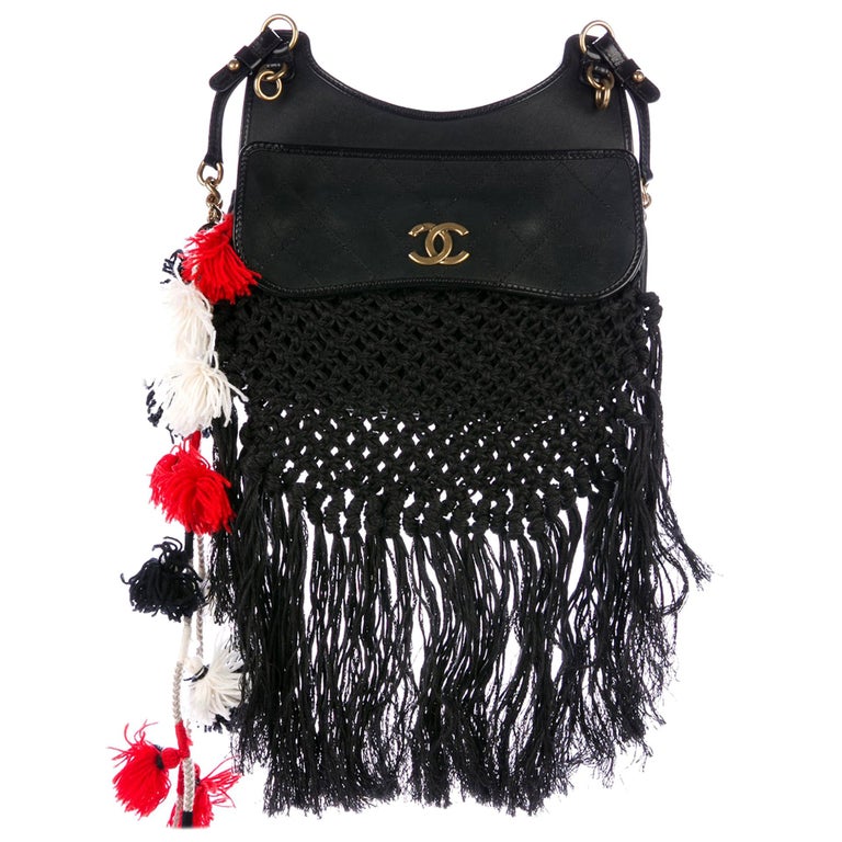 Chanel Dubai Resort Runway Limited Edition Fringe Crochet Pom Pom Bag For Sale at 1stDibs