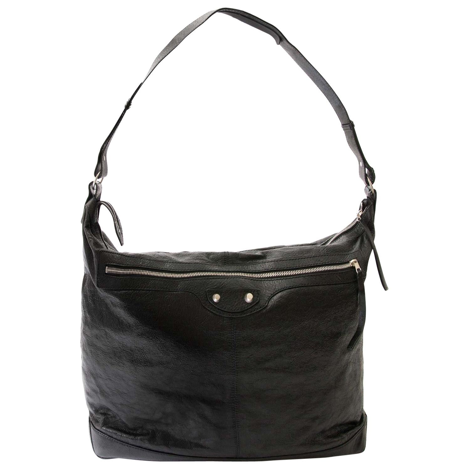 Balenciaga Black Leather Zip Arena Messenger Bag For Sale