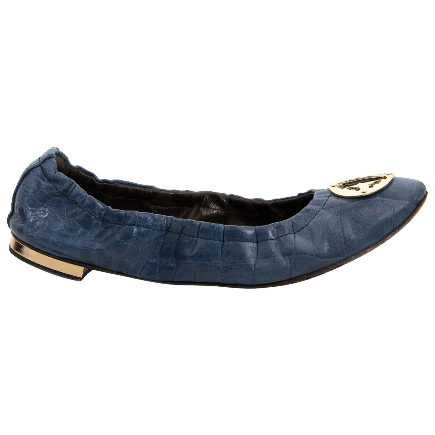 Roberto Cavalli Blue Leather Ballet Flats - Size 38 For Sale