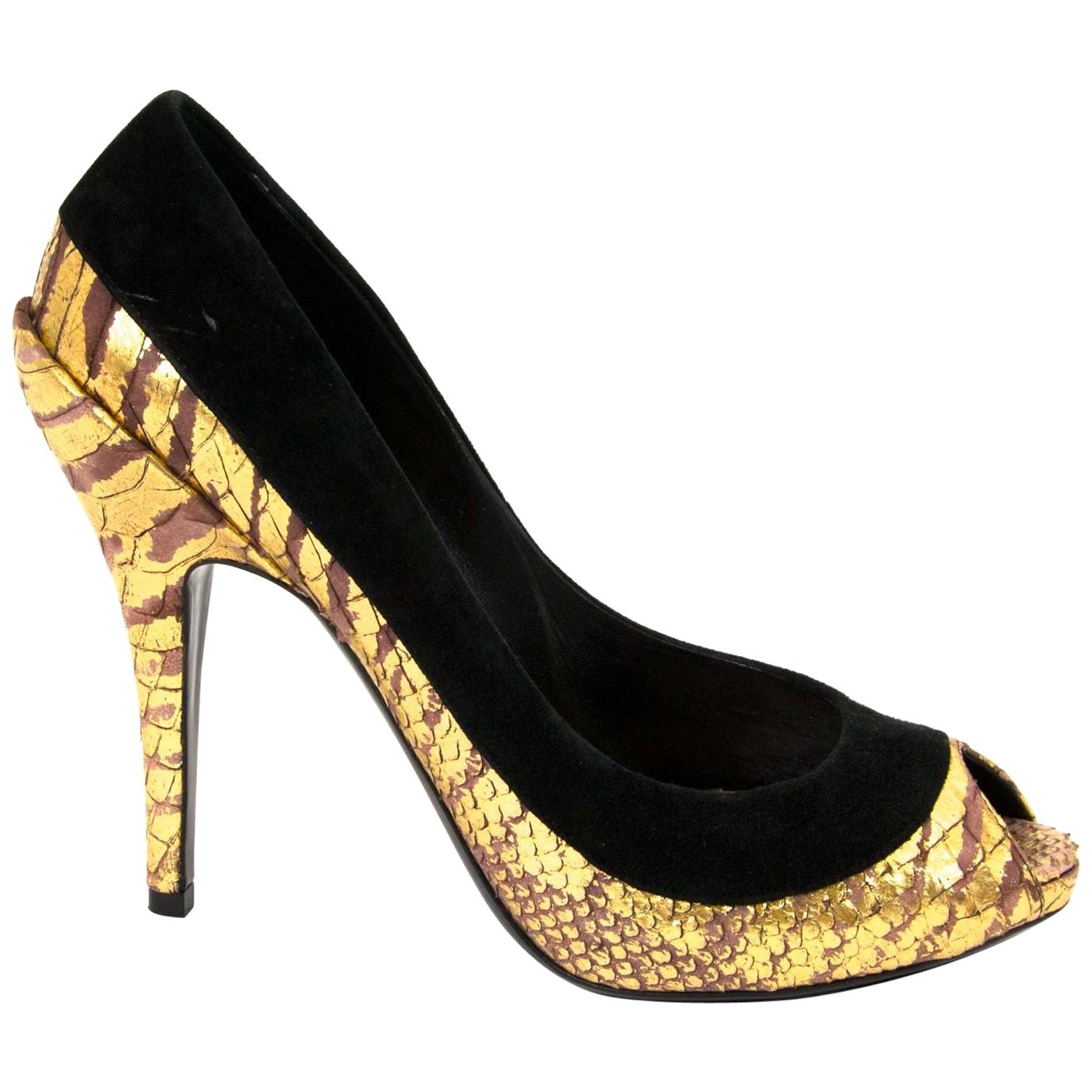 Christian Dior Black And Gold Peep Toe Pumps - Size 38