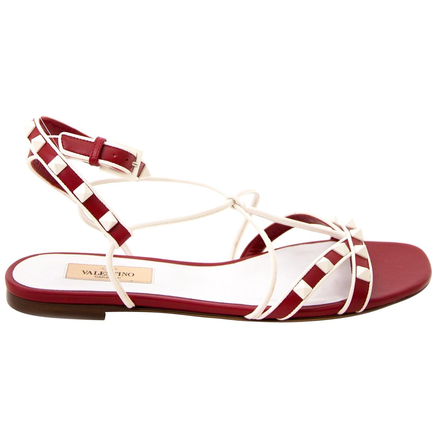 Valentino Red And White Rockstud Sandals - Size 37.5 For Sale