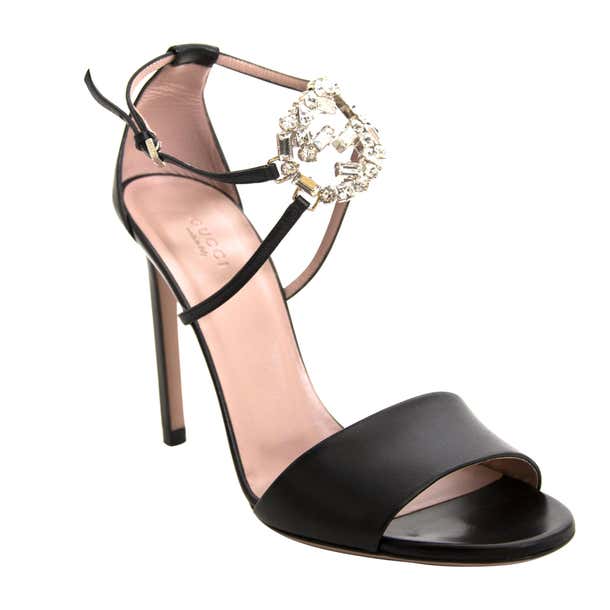 Gucci Black Leather Crystal Logo Ankle Strap Sandals at 1stDibs | gucci ...