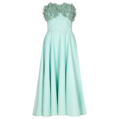 Vintage 1950s Aquamarine Textured Cotton Dress With Floral Rhinestone Applique