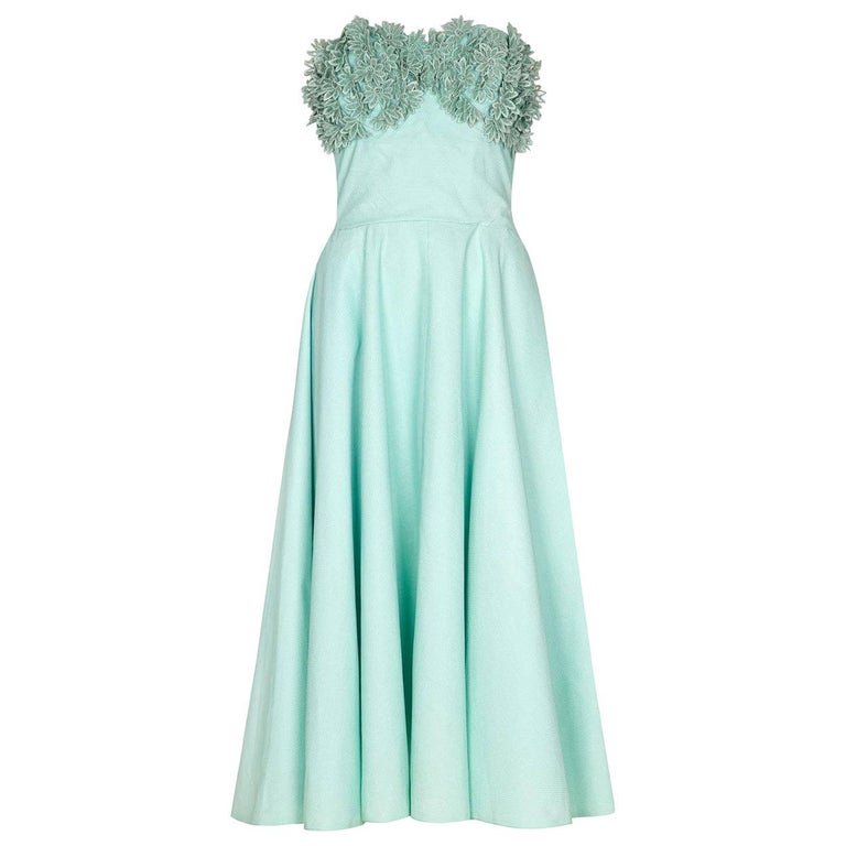 1950s Aquamarine Textured Cotton Dress With Floral Rhinestone Applique For Sale