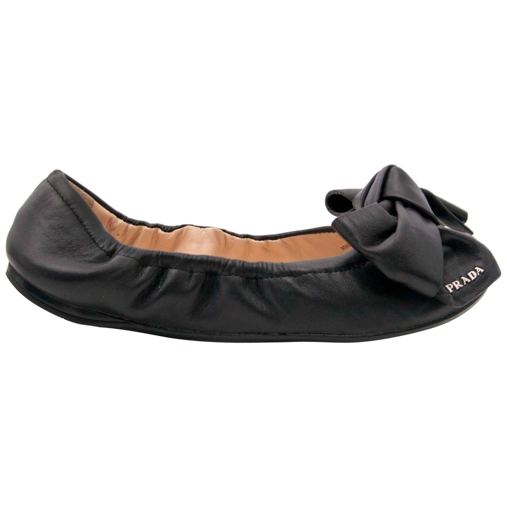 Prada Black Leather Bow Ballerina Flats - Size 35, 5