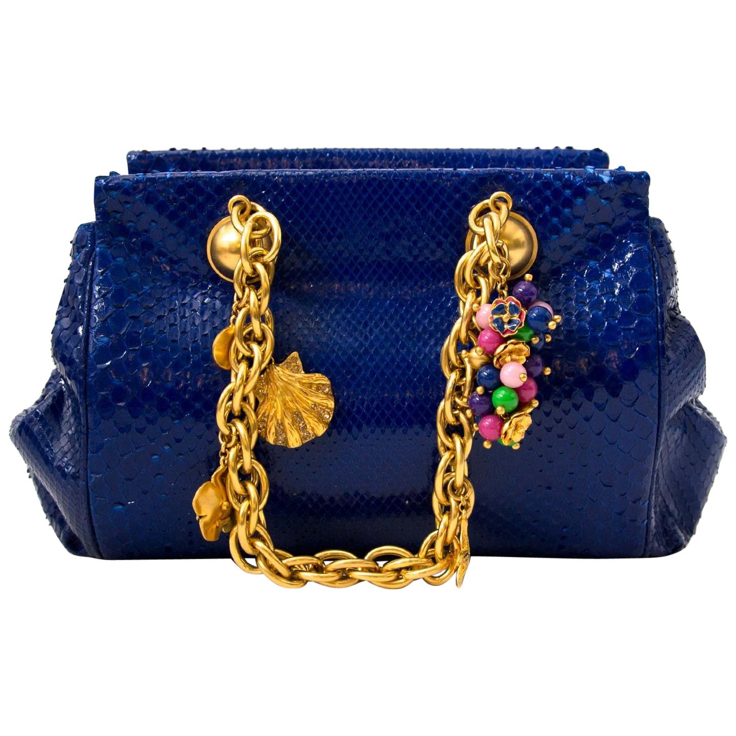 Versace Blue Python Gold Chain Bag With Ornaments