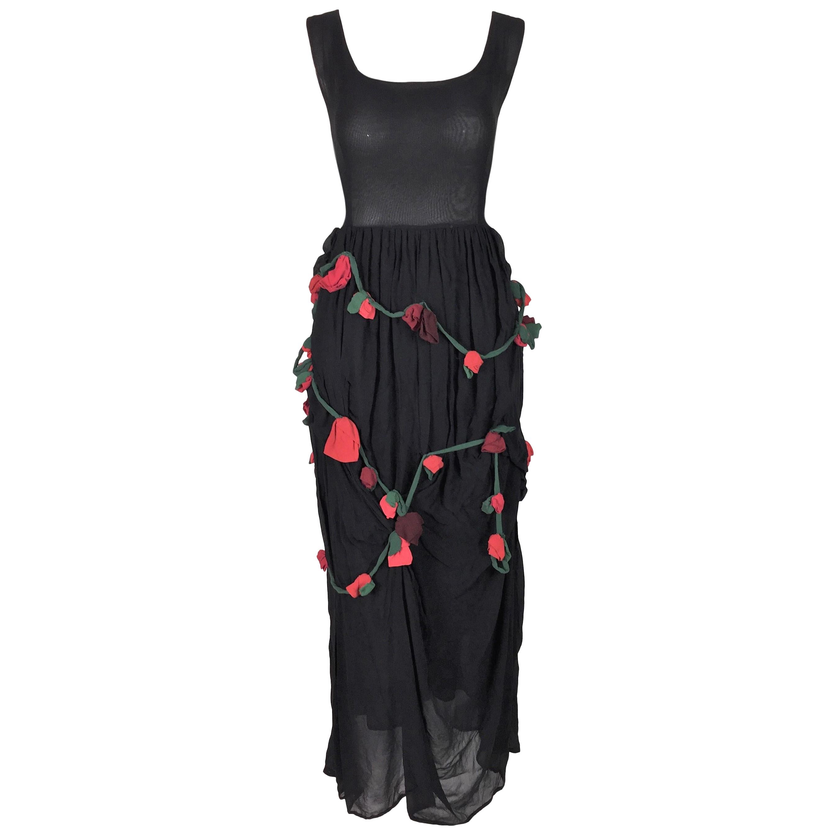 1980's Dolce & Gabbana Sheer Black Silk Rose Floral Embellished Long Dress