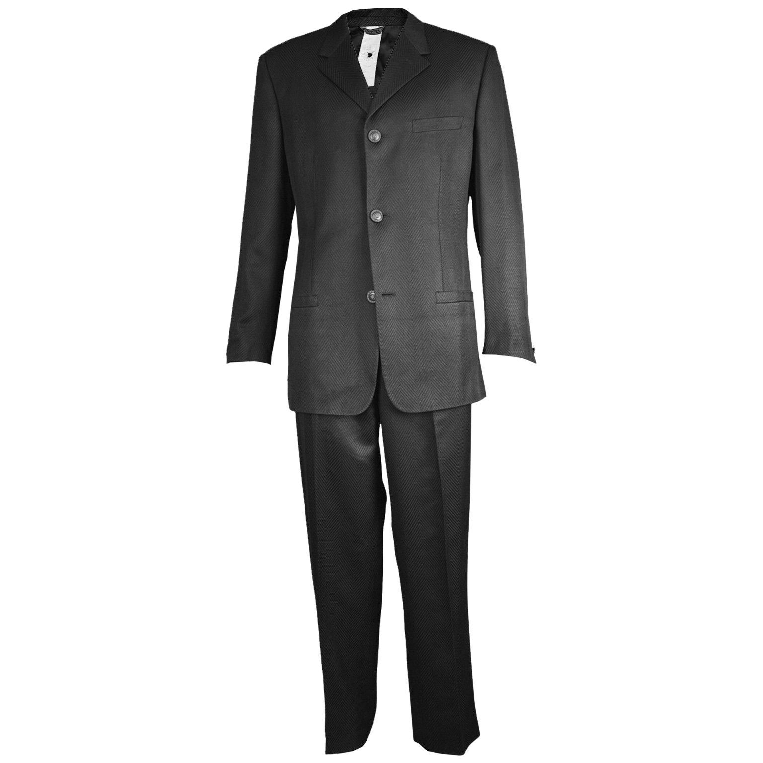 Gianni Versace Men's Black 100% Silk Jacquard 2 Piece Vintage Suit, 1990s For Sale