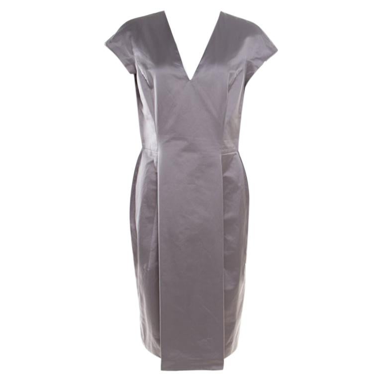 Yves Saint Laurent Paris Grey Plunge Neck Cap Sleeve Dress L