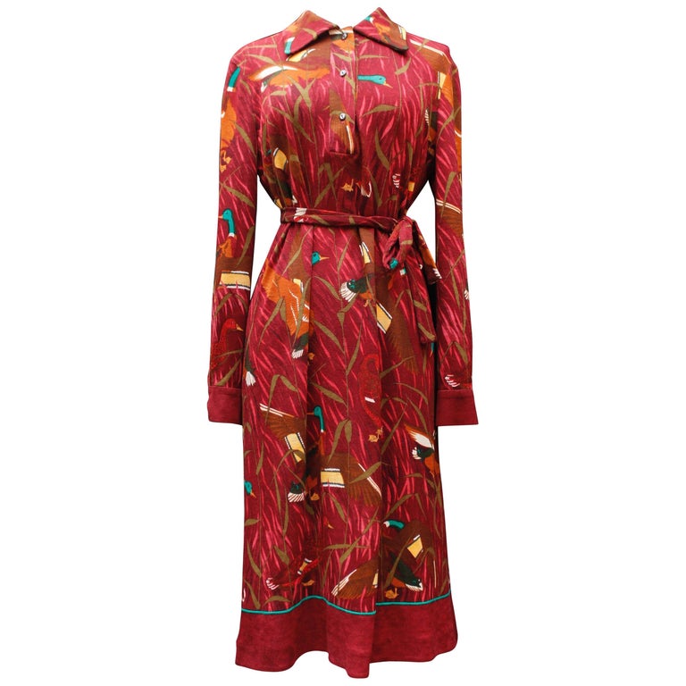 Hermès long burgundy wool dress with “Cols Verts” print For Sale at 1stDibs