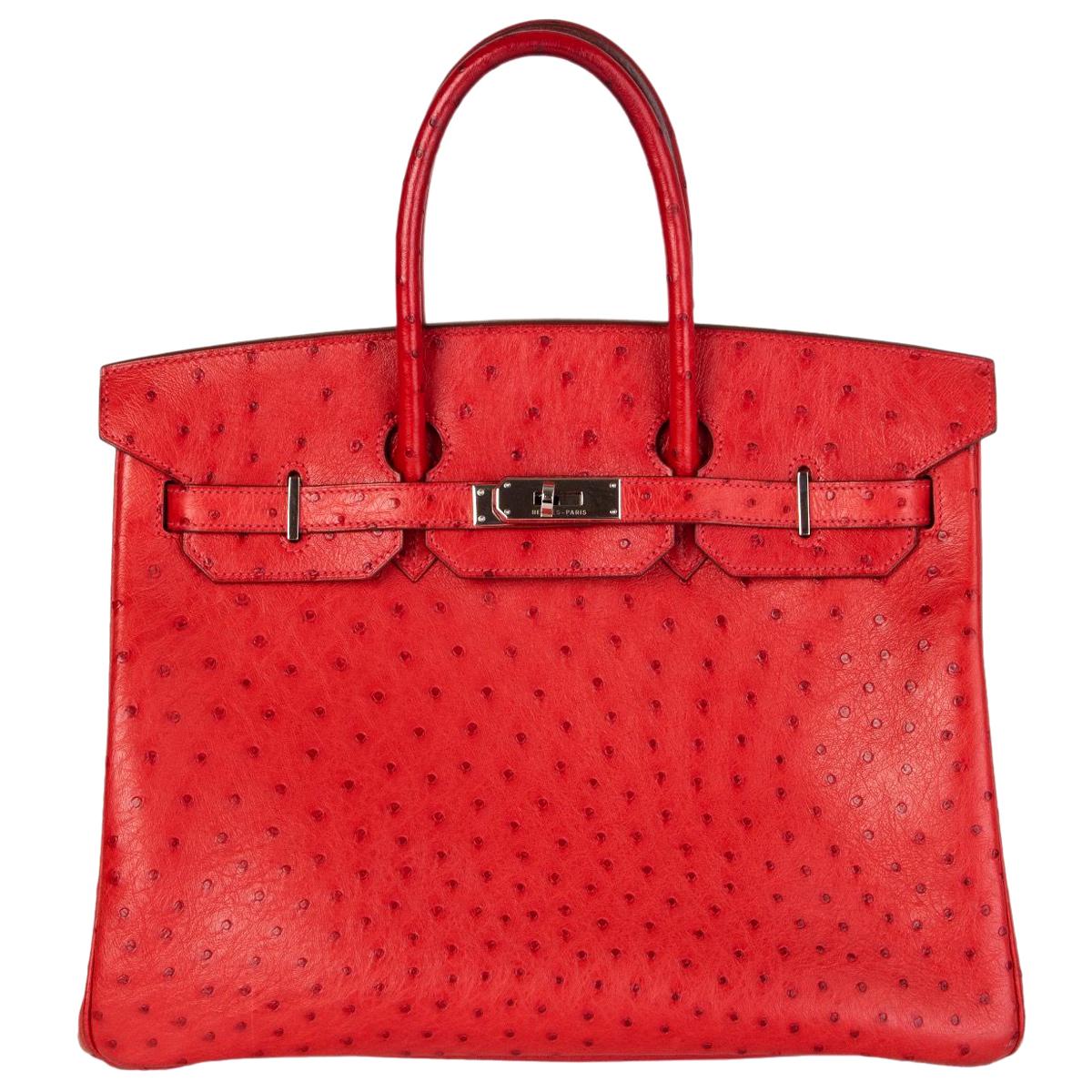 HERMES Rouge Vif red OSTRICH leather & Palladium BIRKIN 35 Bag