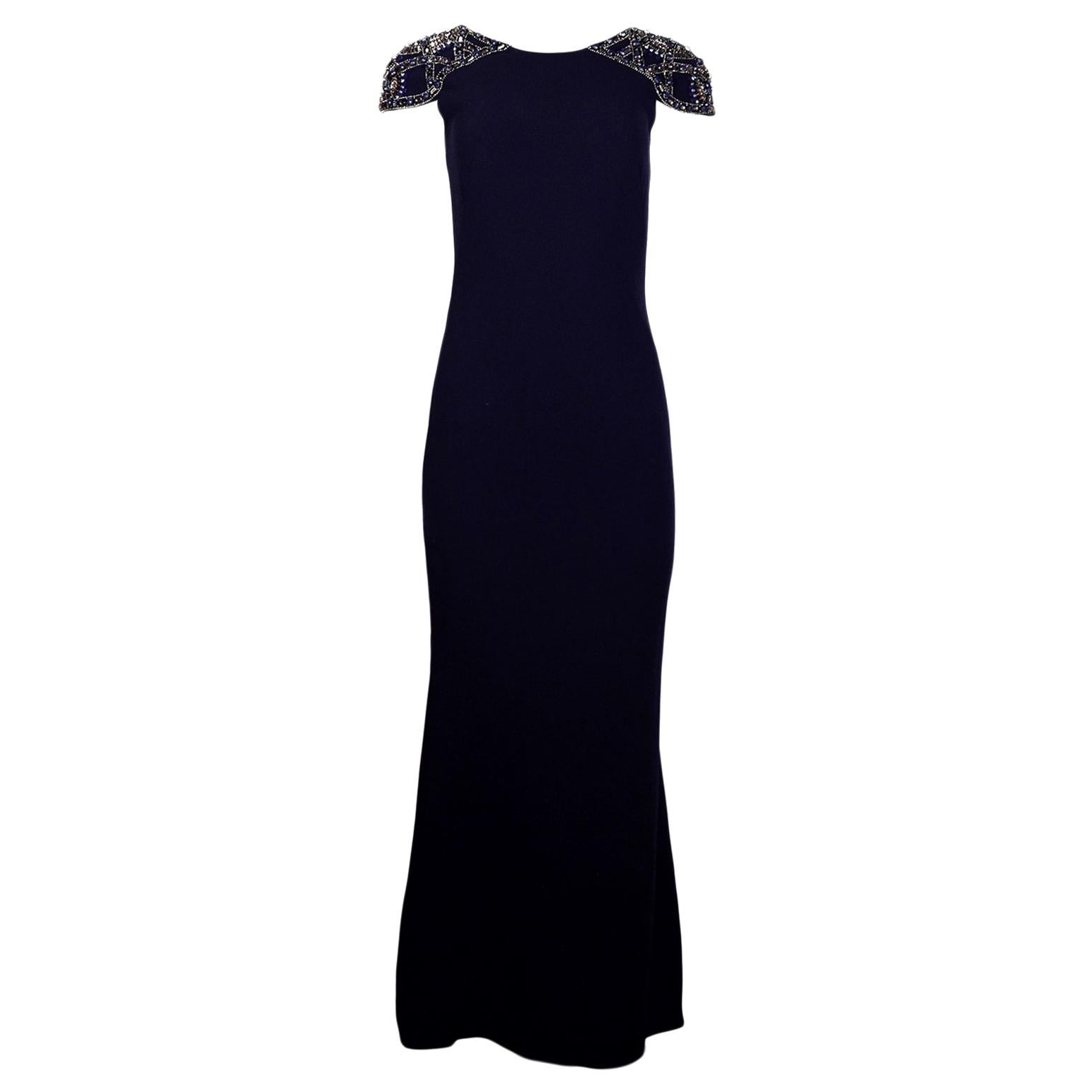 Badgley Mischka Navy Gown W/ Embellished Capsleeves Sz 0