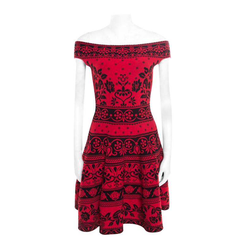 Alexander McQueen Red Floral Jacquard Knit Off Shoulder Flared Dress XS