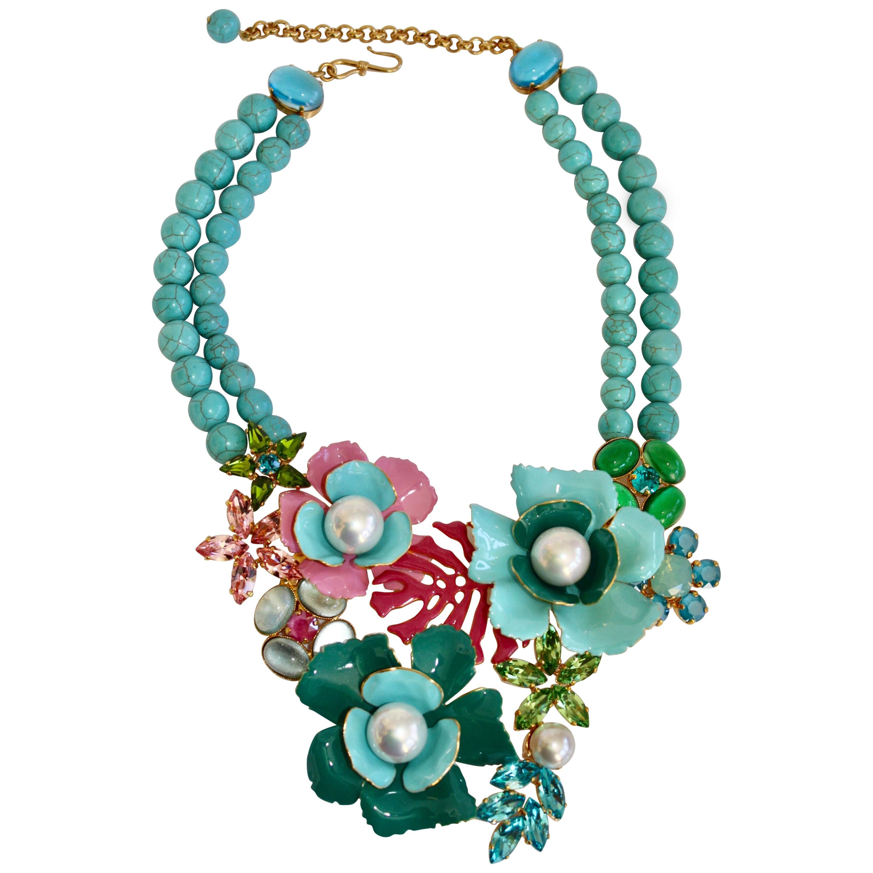 Philippe Ferrandis Turquoise Stone Necklace with Enamel and Swarovski Crystals