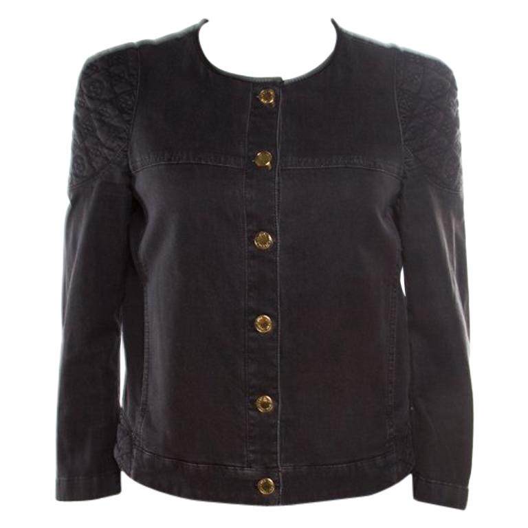 Louis Vuitton Black Washed Effect Denim Monogram Embroidered Collarless Jacket M For Sale at 1stdibs