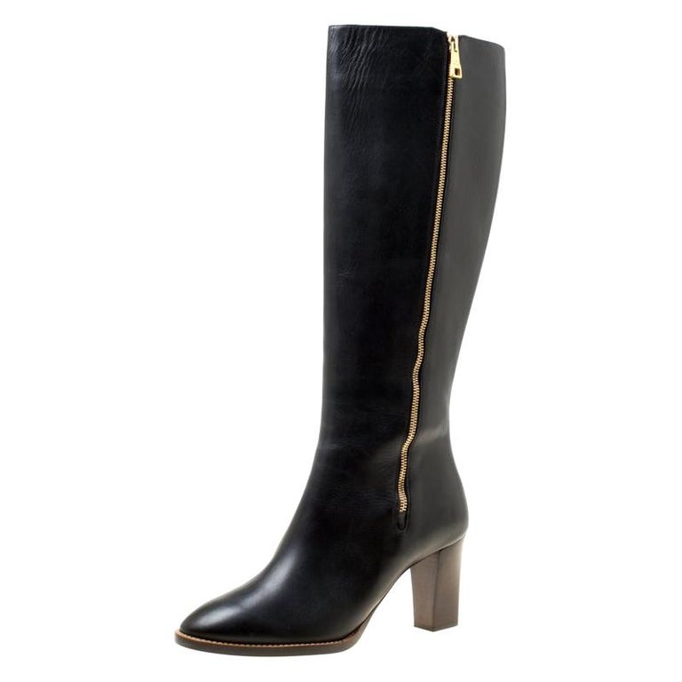 Chloe Black Leather Block Heel Knee High Boots Size 40 For Sale at 1stDibs
