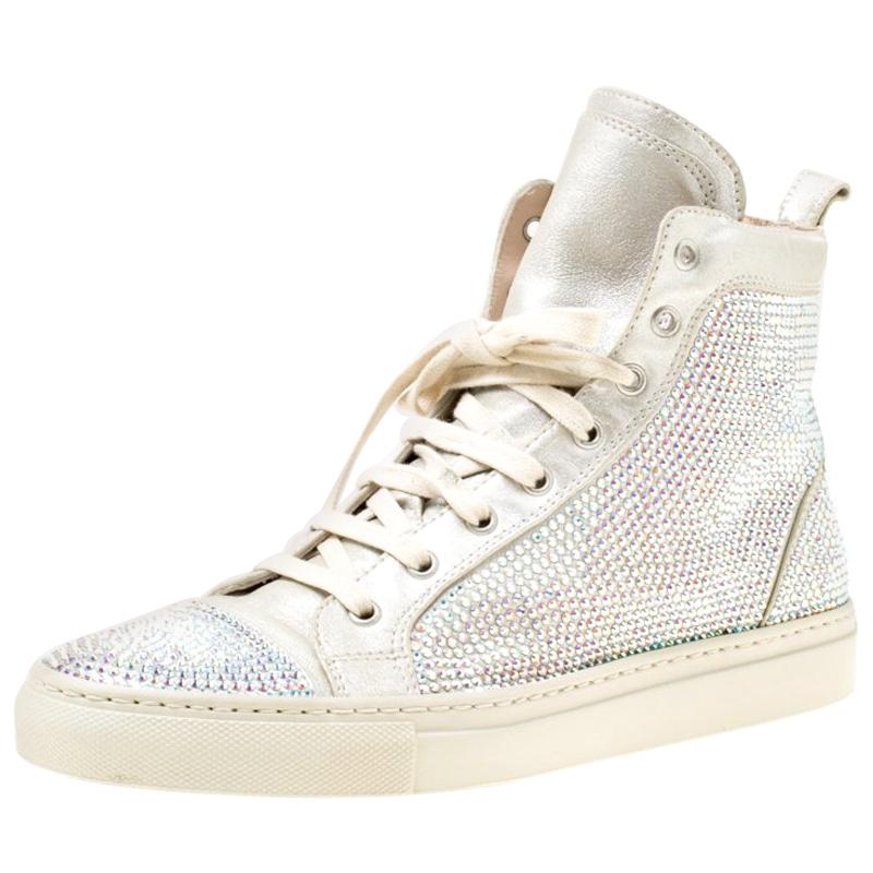 Le Silla Light Grey Suede Crystal Embellished High Top Sneakers Size 38