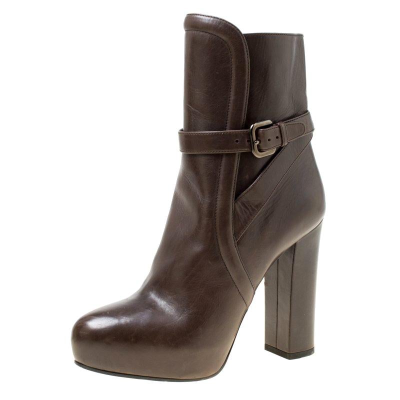 Prada Dark Brown Leather Platform Ankle Boots Size 36