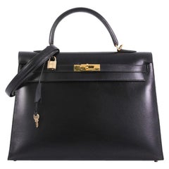 Hermes Kelly Handbag Noir Box Calf with Gold Hardware 35