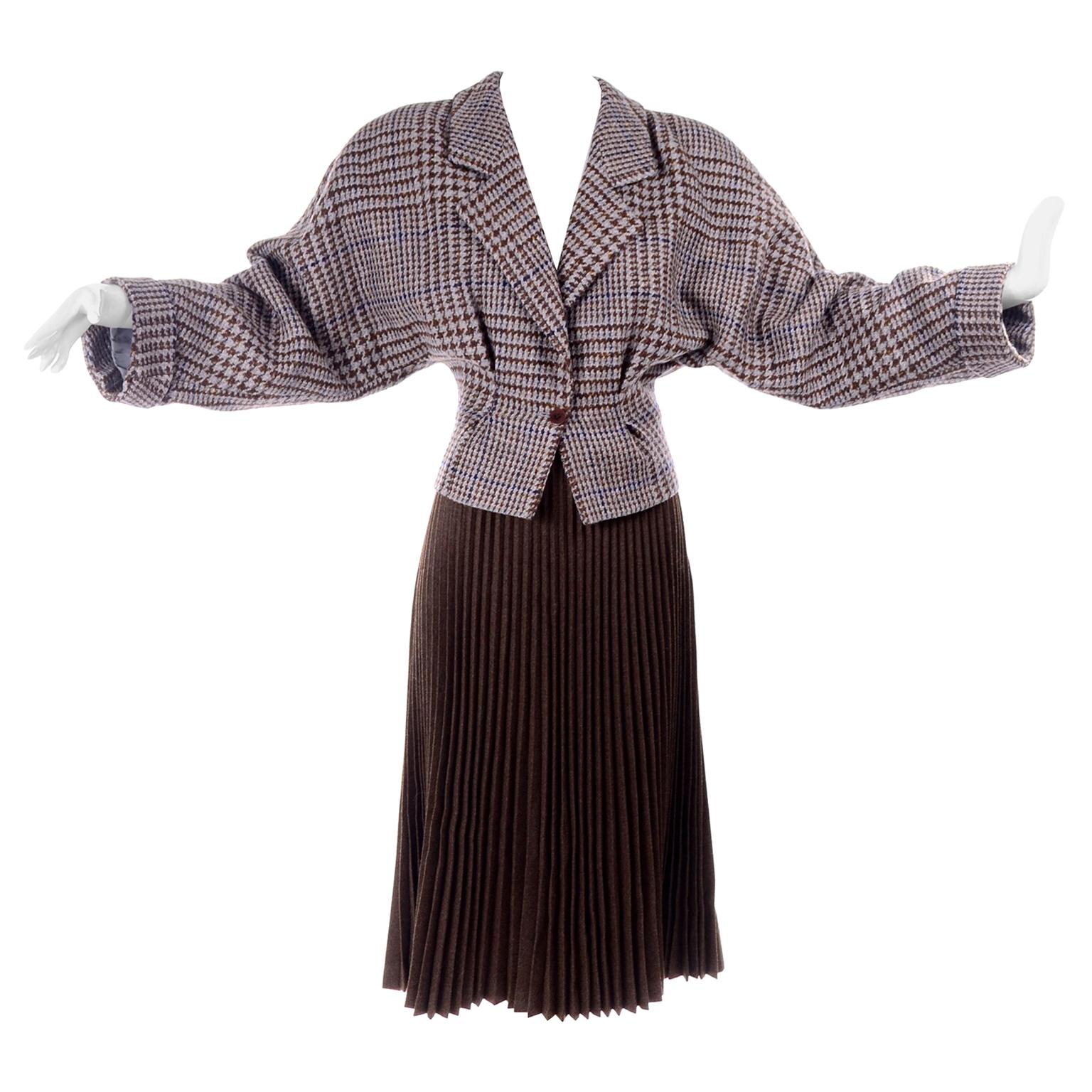 Giorgio Armani 1980s Cropped Houndstooth Jacket W Pleated Brown Wool Skirt Suit