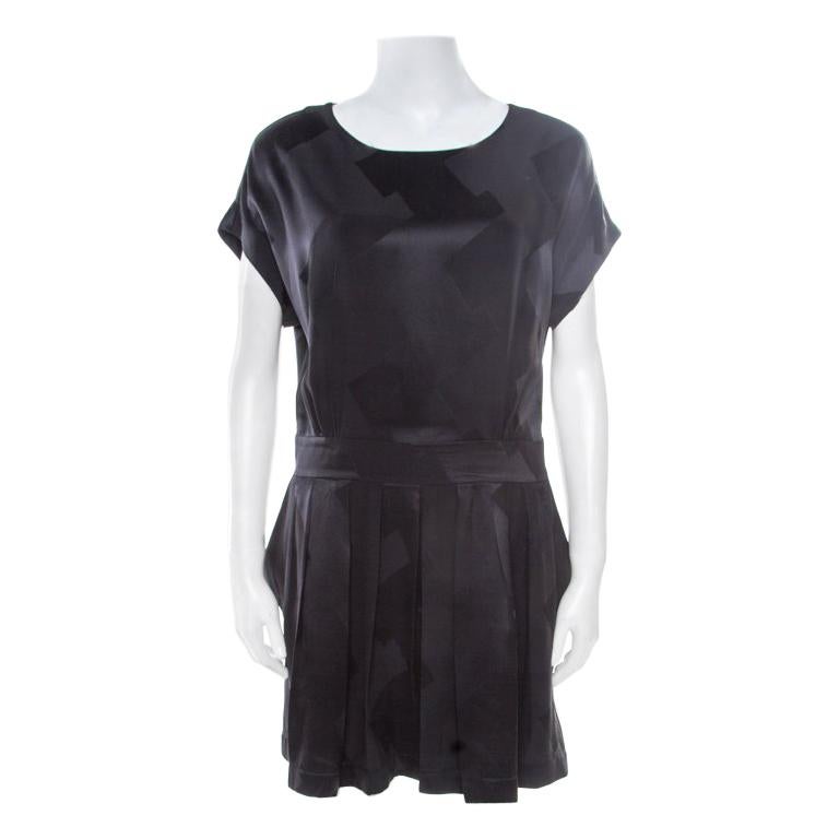 Balenciaga Black Silk Zig Zag Patterned Pleated Dress M