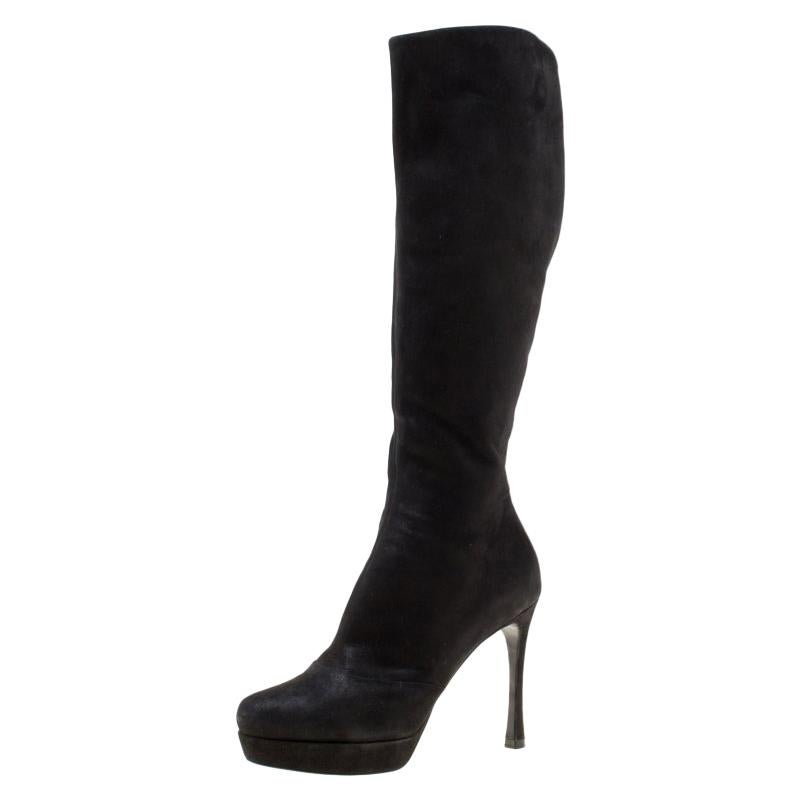 Saint Laurent Paris Black Shimmering Suede Knee Length Platform Boots Size 38