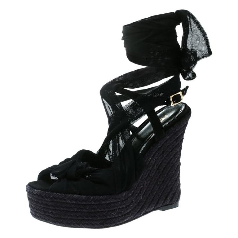 Fendi Black Tulle Fabric and Suede Wedge Espadrille Tie Up Sandals Size ...