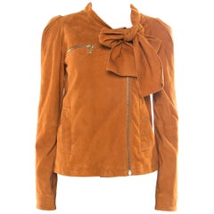 Mulberry Tan Brown Suede Floppy Bow Detail Biker Jacket S