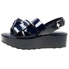 Tod's Navy Blue Patent Leather Slingback Platform Sandals Size 39.5