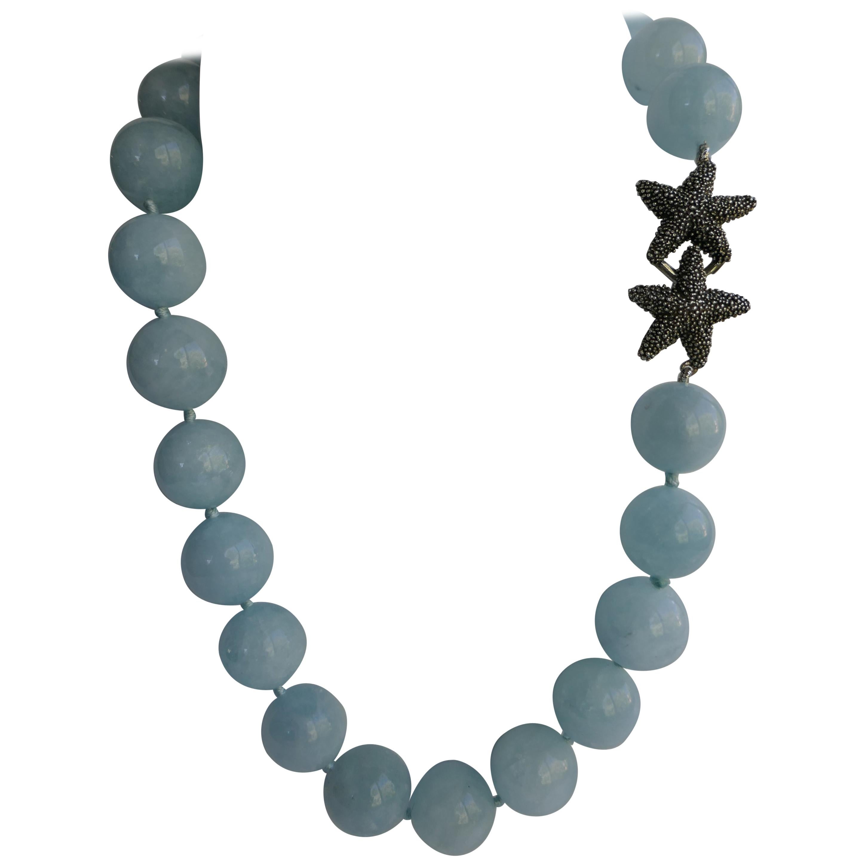 Aquamarine Exclusive 925 Oxidized Sterling Silver Clasp Gemstone Necklace For Sale