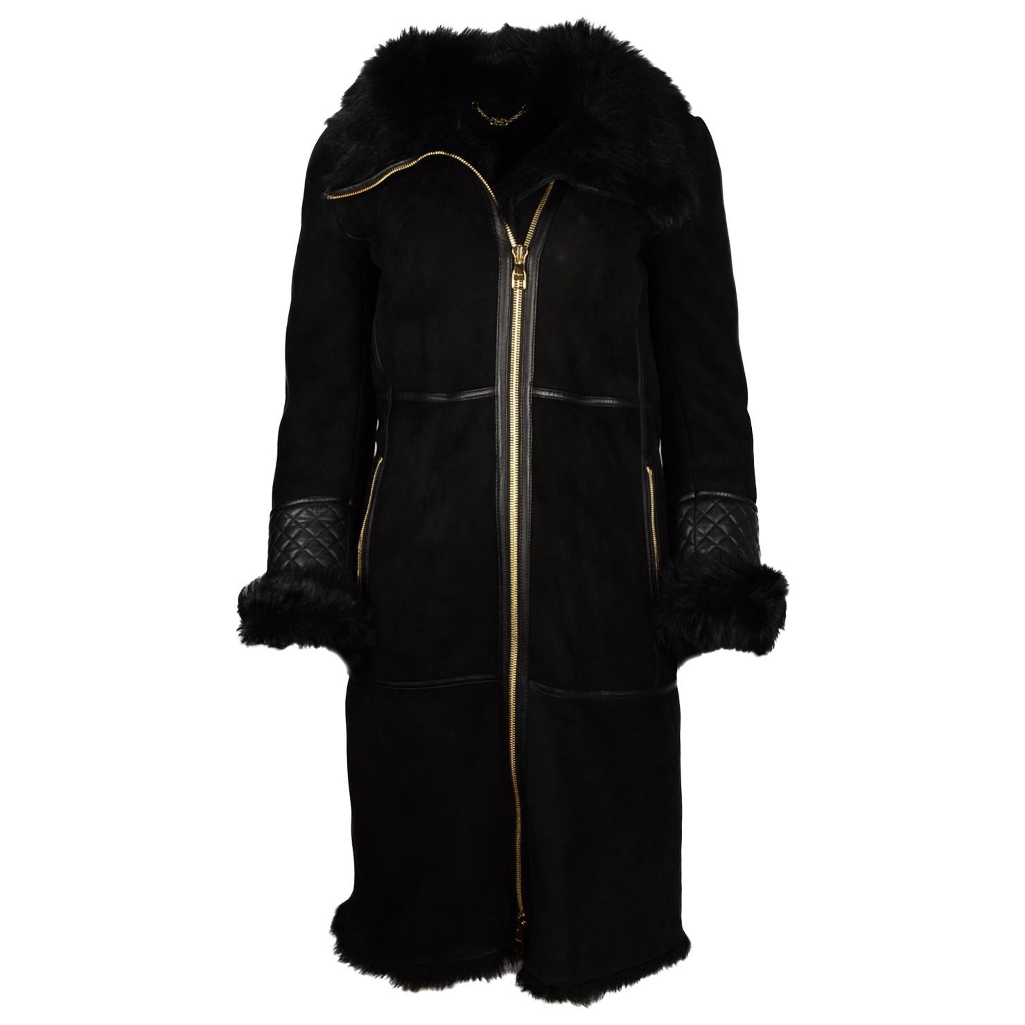 Ferragamo Black Shearling Coat W/ Quilted Leather & Fur Trim Sz US2