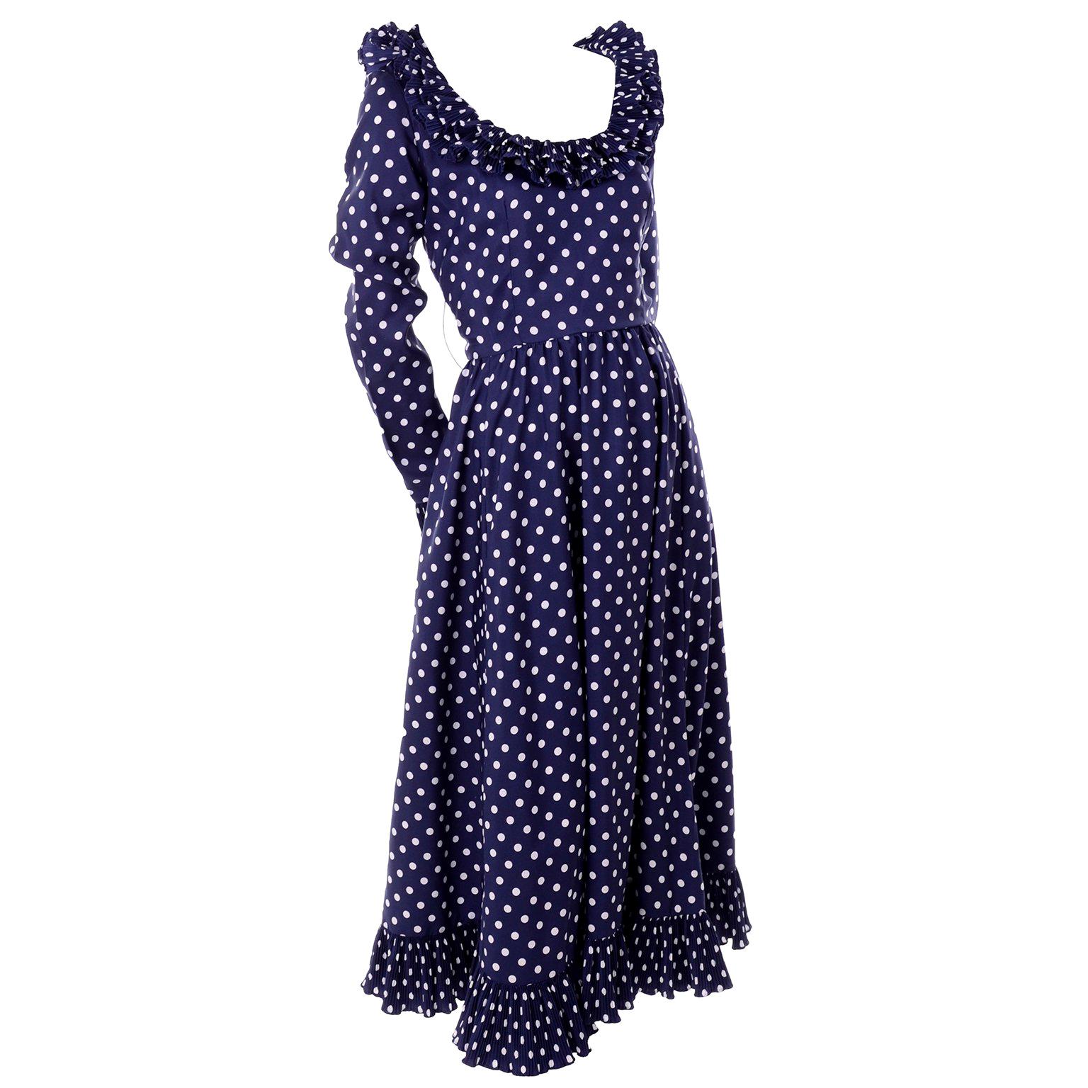 1970s Victor Costa Navy Blue & White Polka Dot Vintage Dress With Ruffles