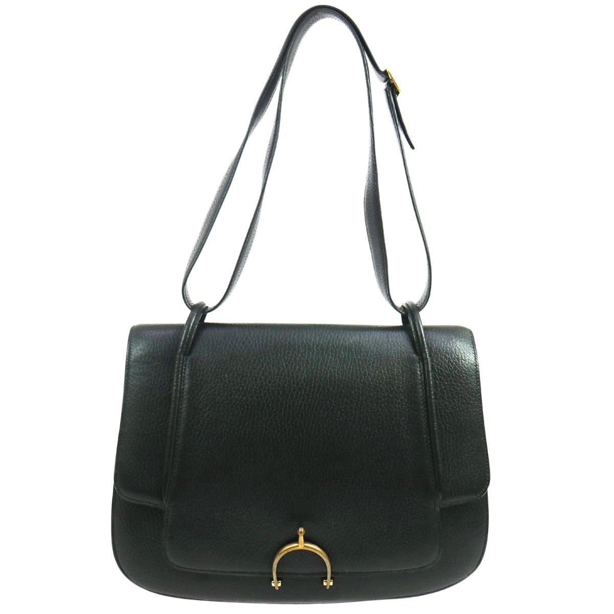 Hermes Black Leather Gold Horsebit Top Handle Satchel Saddle Shoulder Flap Bag