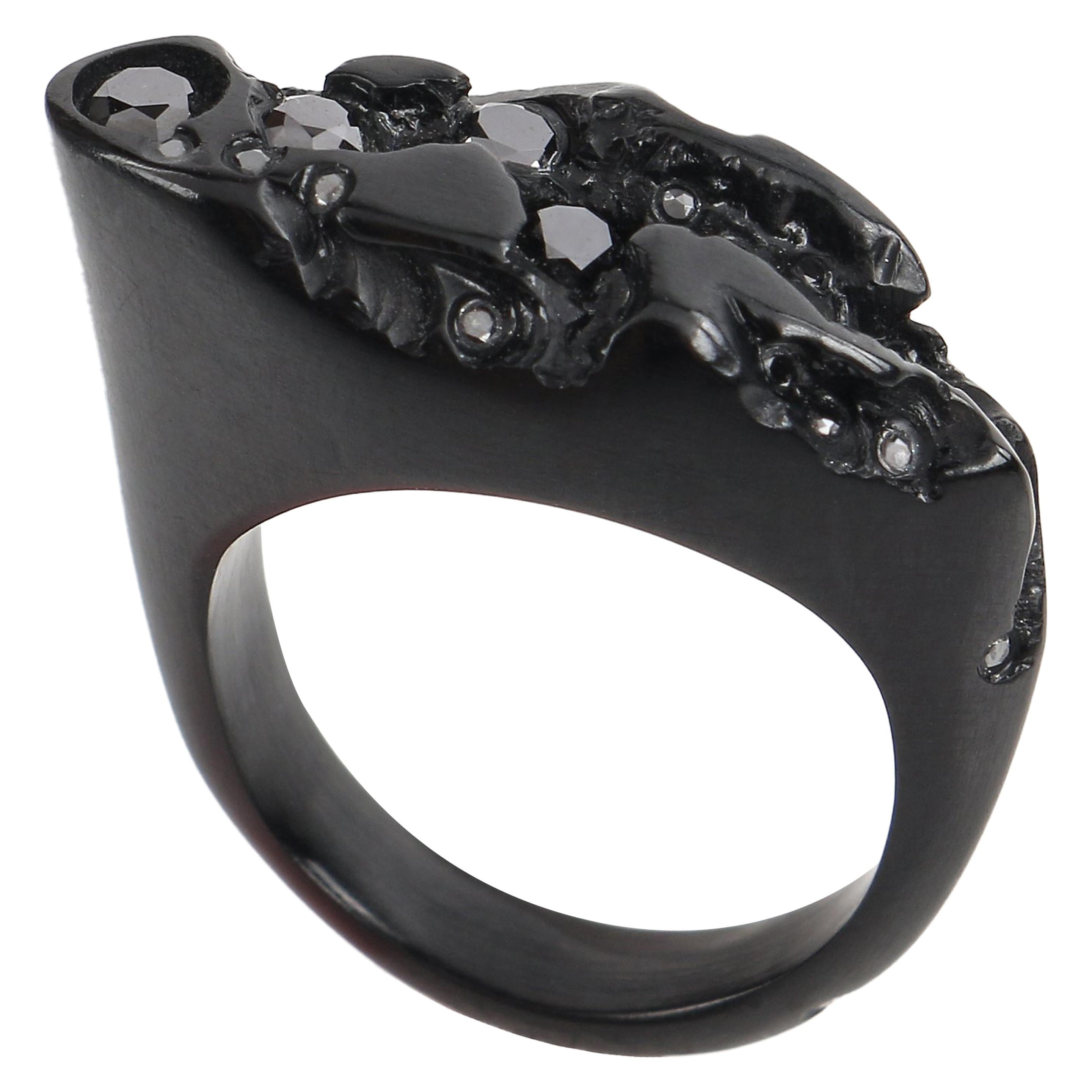 JACQUELINE CULLEN Black Diamond Carved Whitby Jet Statement Ring at 
