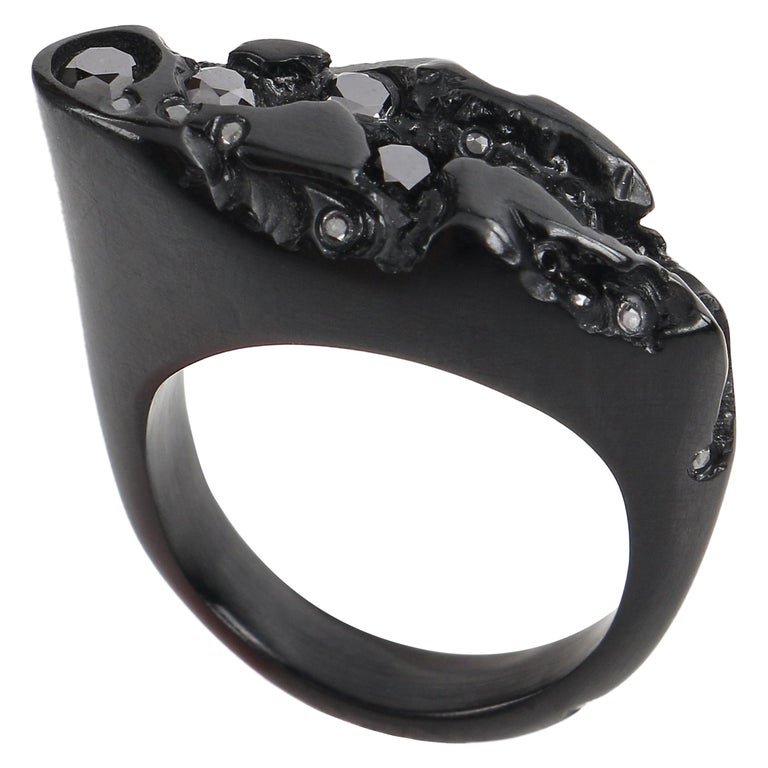 JACQUELINE CULLEN Black Diamond Carved Whitby Jet Statement Ring For