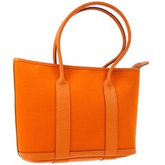 Hermes Orange Leather Canvas Top Handle Satchel Carryall Tote Bag