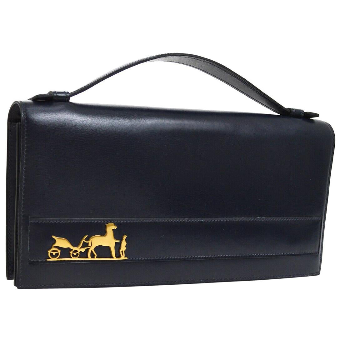 Hermes Dark Blue Leather Gold Emblem Evening Clutch Top Handle Flap Bag