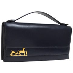 Retro Hermes Dark Blue Leather Gold Emblem Evening Clutch Top Handle Flap Bag