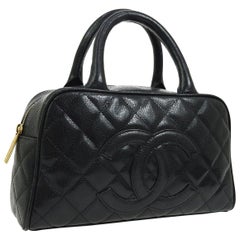 Retro Chanel Black Leather Caviar Small Top Handle Satchel Bowling Tote Bag
