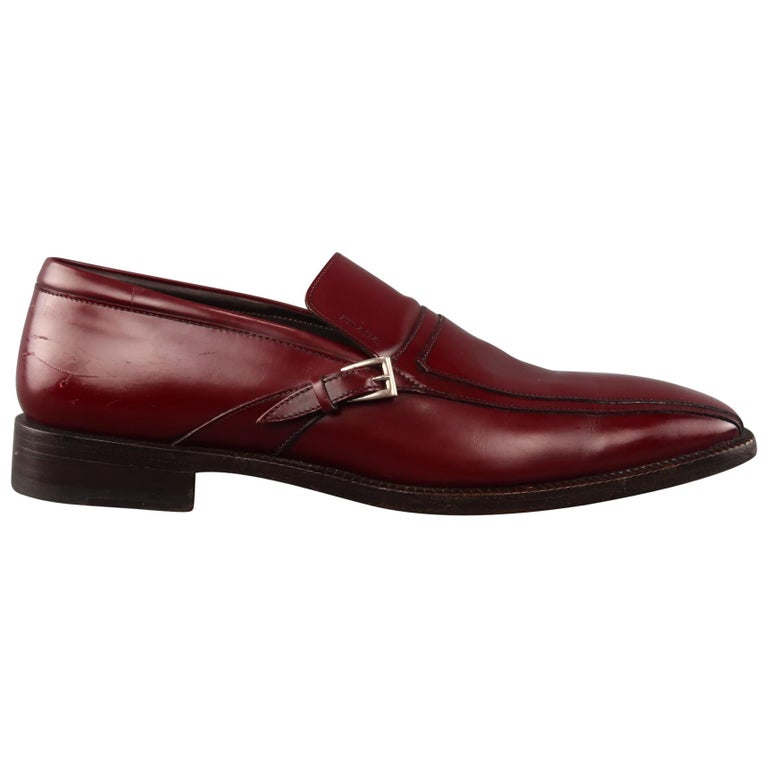PRADA Size 11 Burgundy Solid Leather Square Toe Buckle Slip On Loafers ...