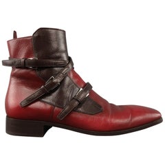 PRADA Size 9 Red & Brown Antique Leather Three Strap Boots