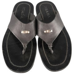 PRADA Size 8 Black Leather Silver Logo Thong Sandals