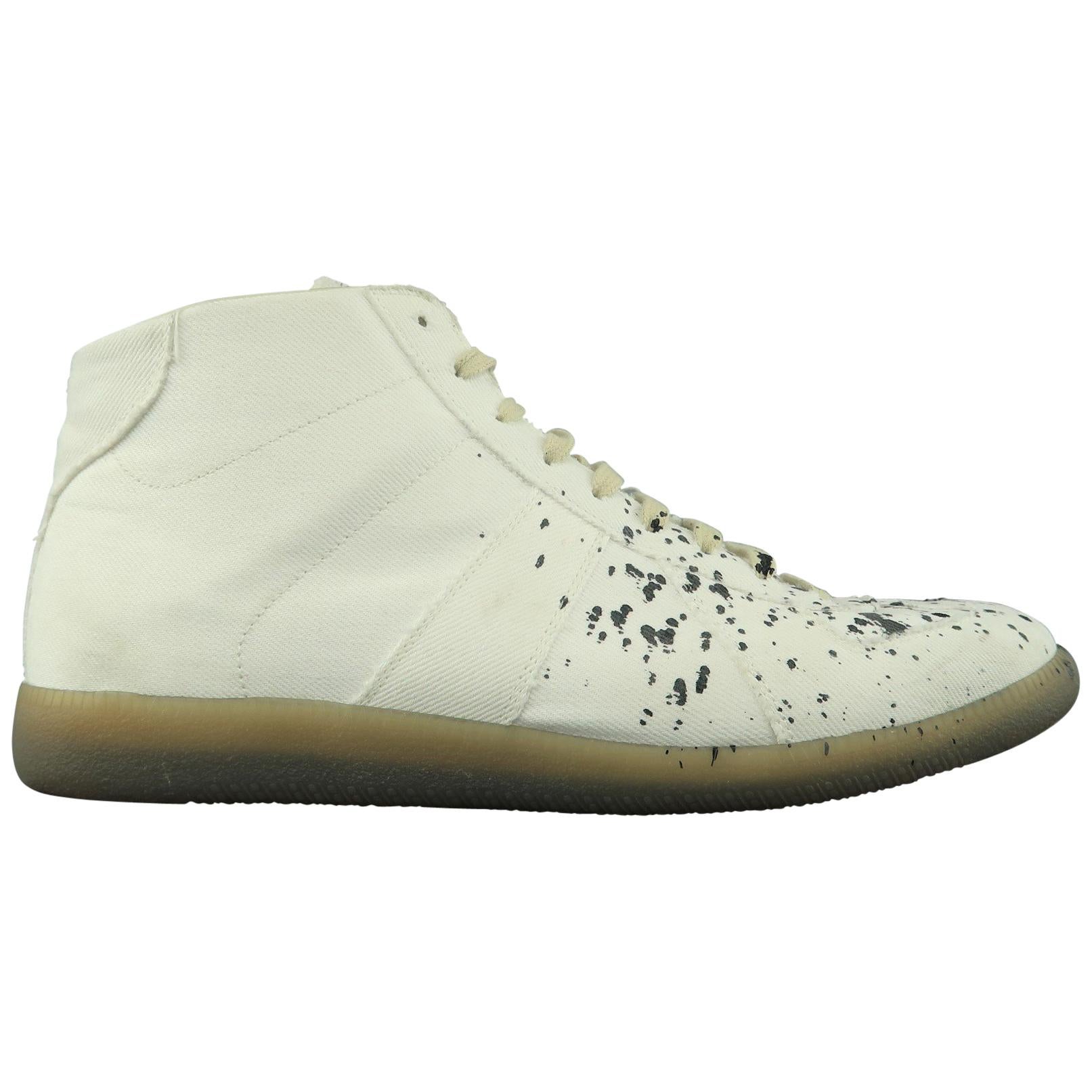MAISON MARGIELA Size 11 White Ink Splattered Canvas High Top Trainer Sneakers